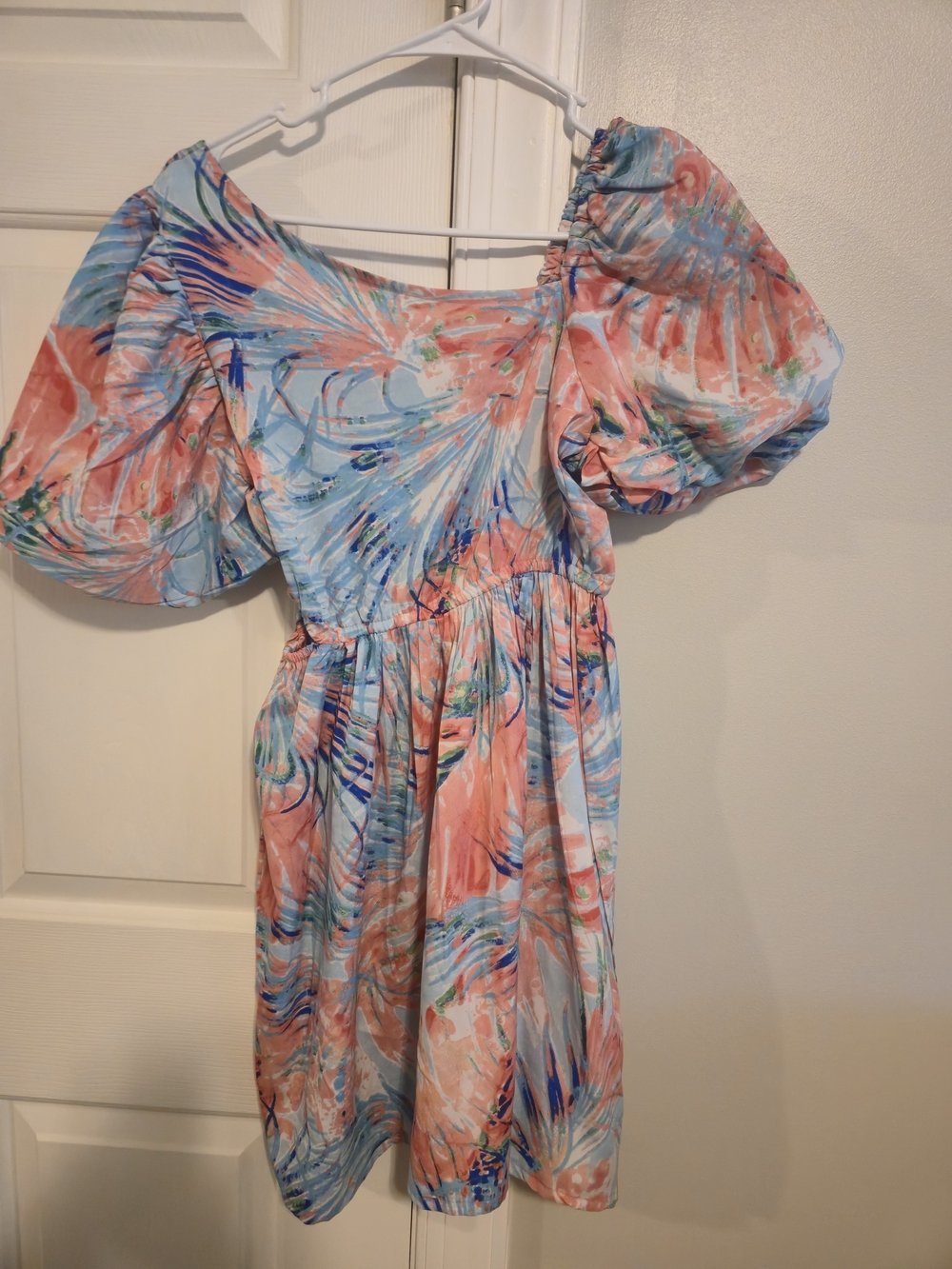 Abstract Coral & Sky Blue Puff Sleeve Mini Dress